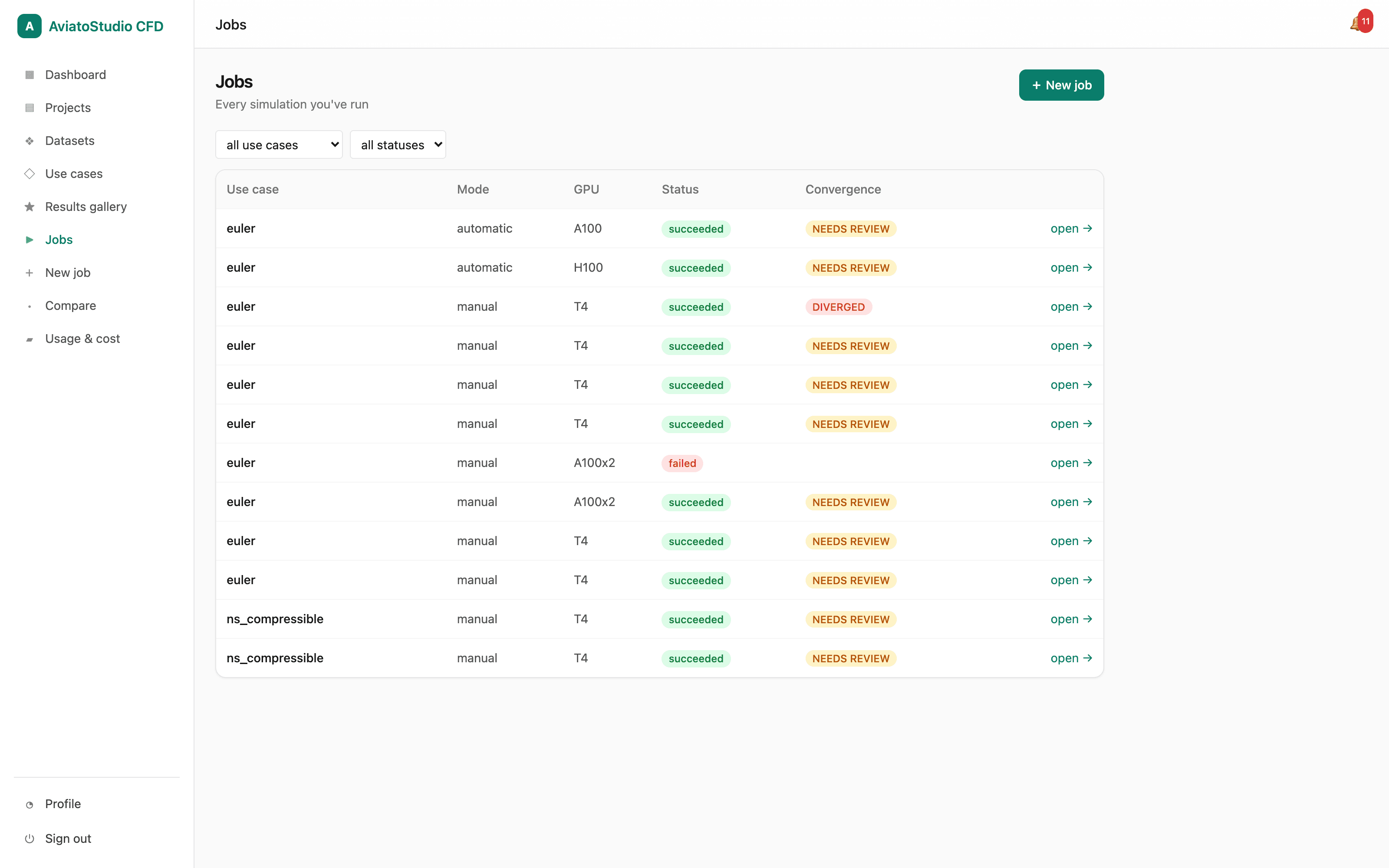 AviatoStudio CFD jobs list showing runs with status and convergence badges and filters.