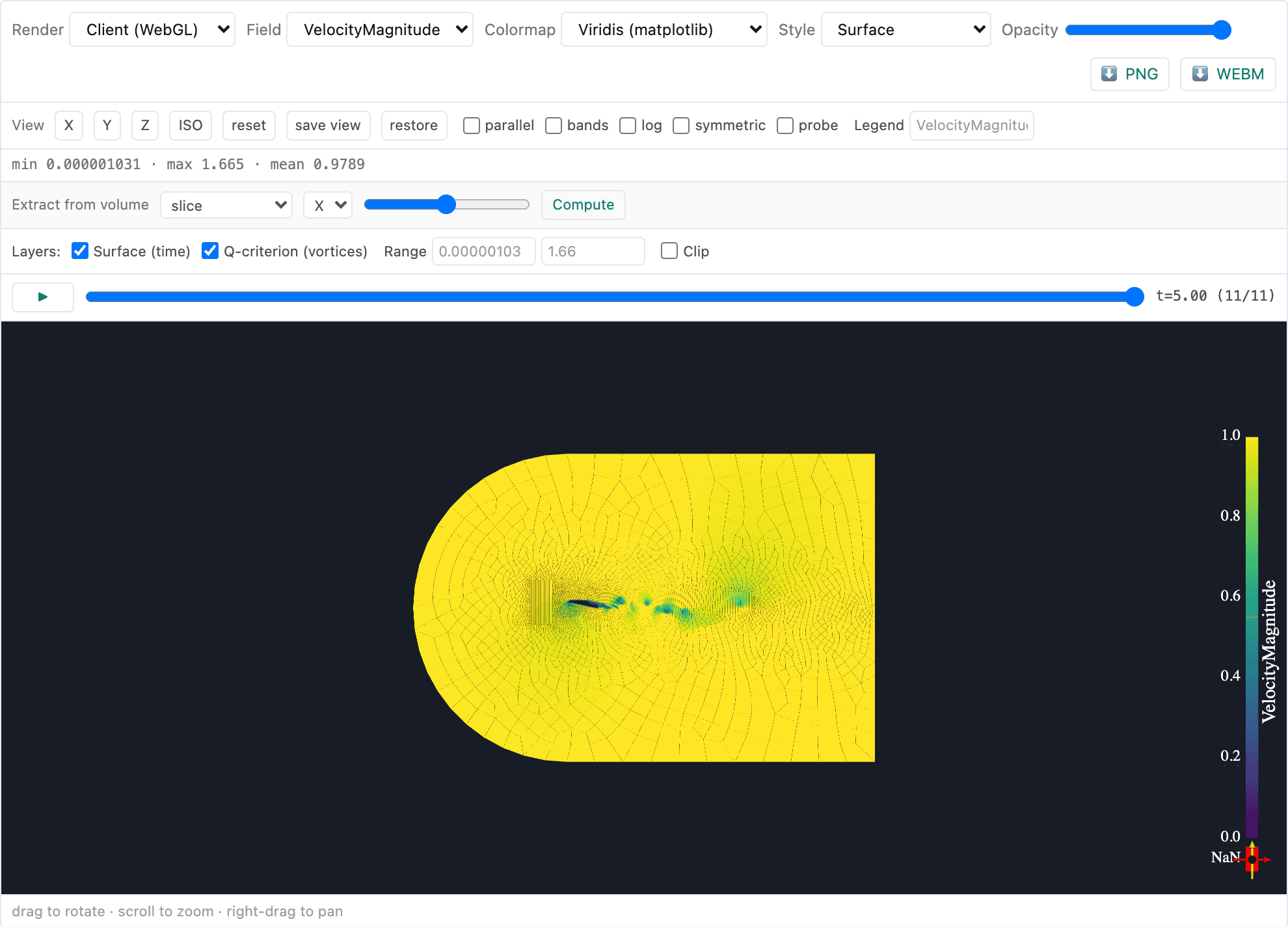 AviatoStudio CFD 3-D flow-field viewer showing a velocity-magnitude field over an aerofoil with a color legend and viewer toolbar.