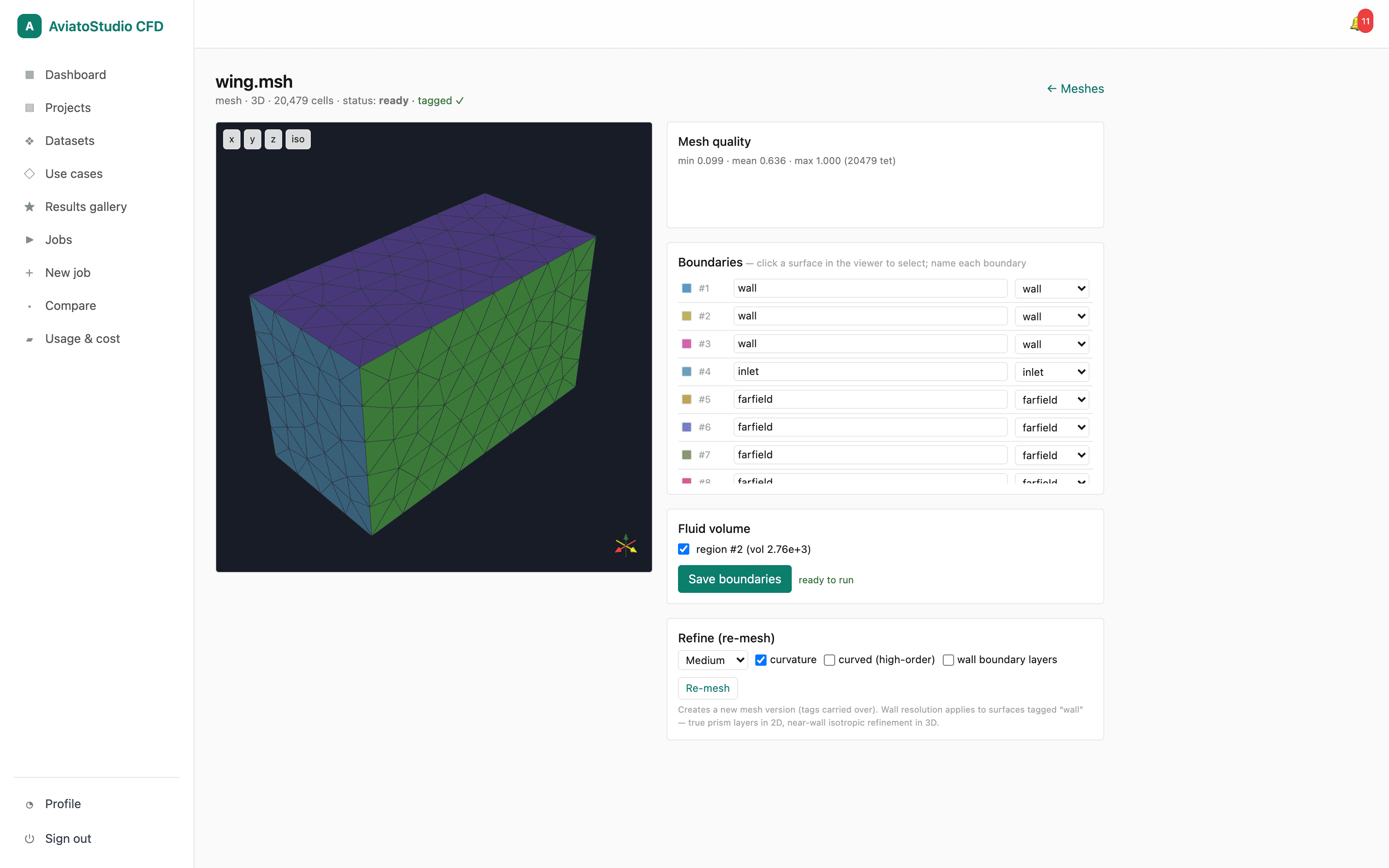 AviatoStudio CFD mesh inspector showing a colored-boundary 3-D mesh with a boundary-tagging table and mesh-quality statistics.